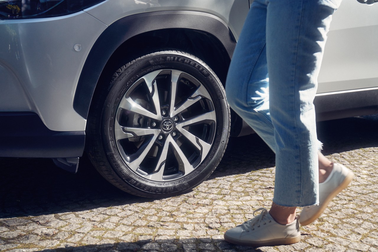 A close-up of an attractive alloy wheel