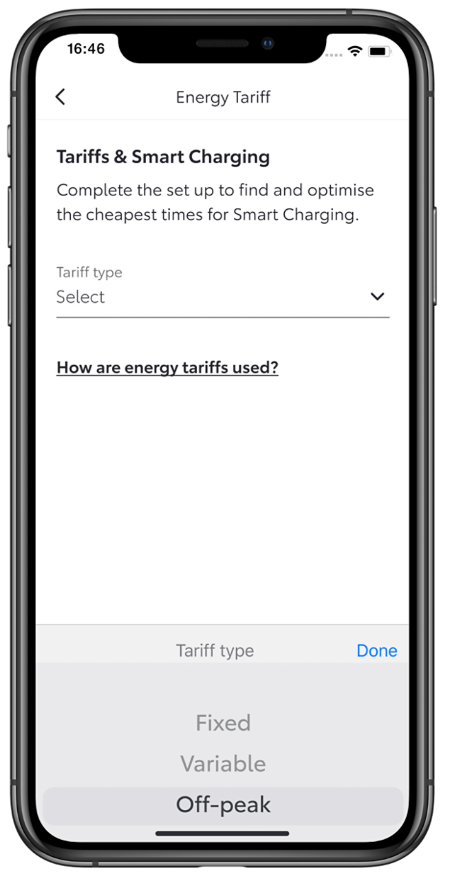 Phone screen showing energy tariff options with the MyToyota app